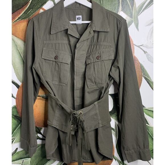 NSF Womens Small Army Green Button Front Twill Corset Jacket Front Pockets - Picture 1 of 4